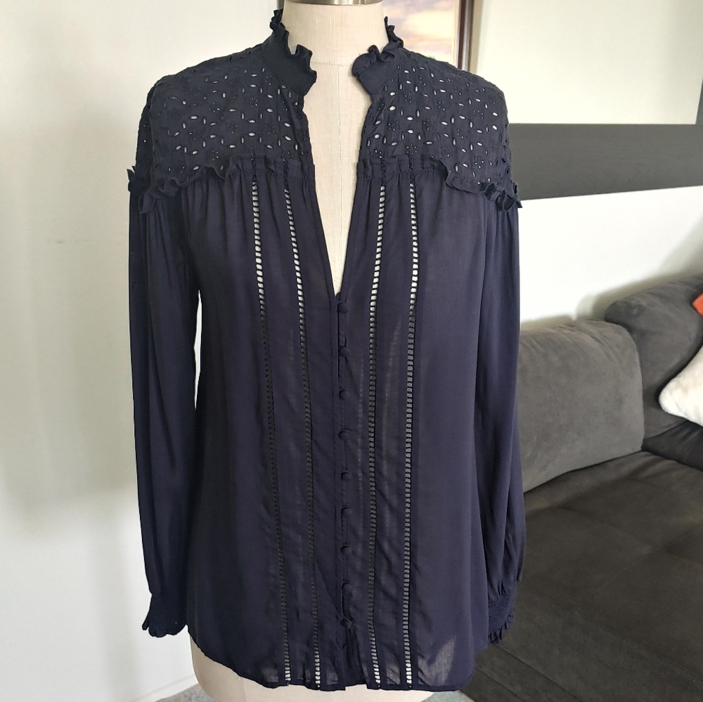 Johnny Was Eyelet Embroidered Ruffles Peasant L/S Button-Down - Picture 2 of 9